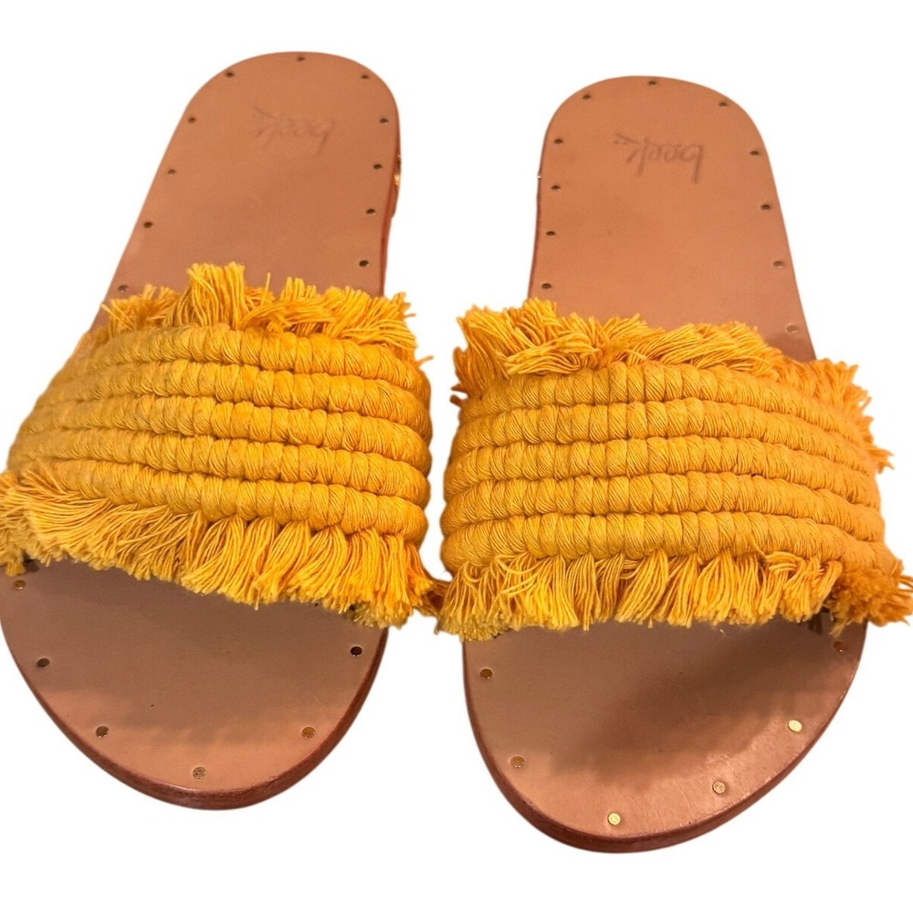Beek Yellow Mustard Fringe Slides Sandals Hecho a Mano Size 9 Noddy Sunflower